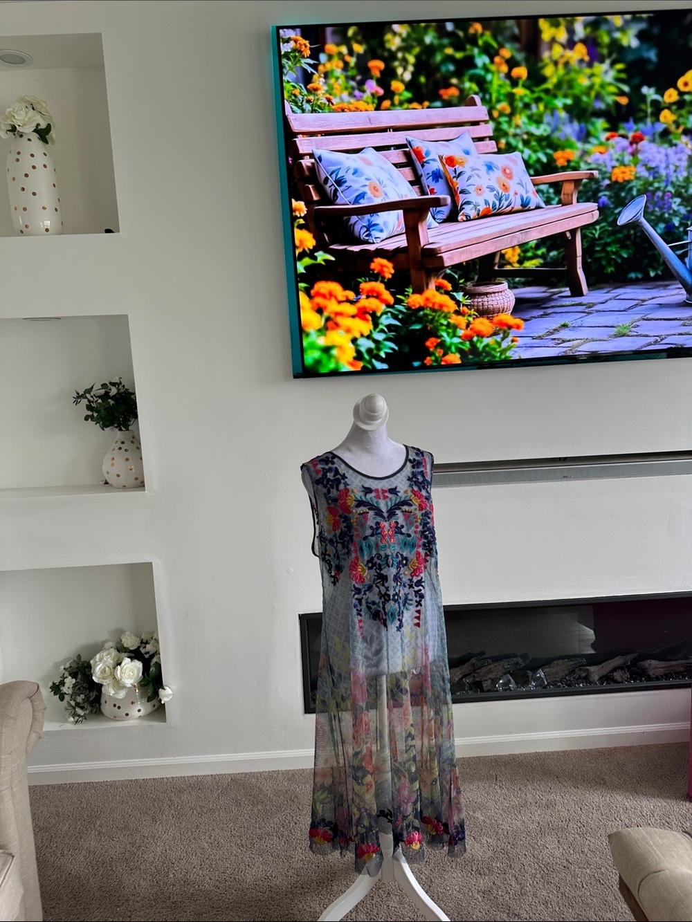 Johnny Was Sheer Floral Embroidered Maxi Dress in Blue, Pink, Green